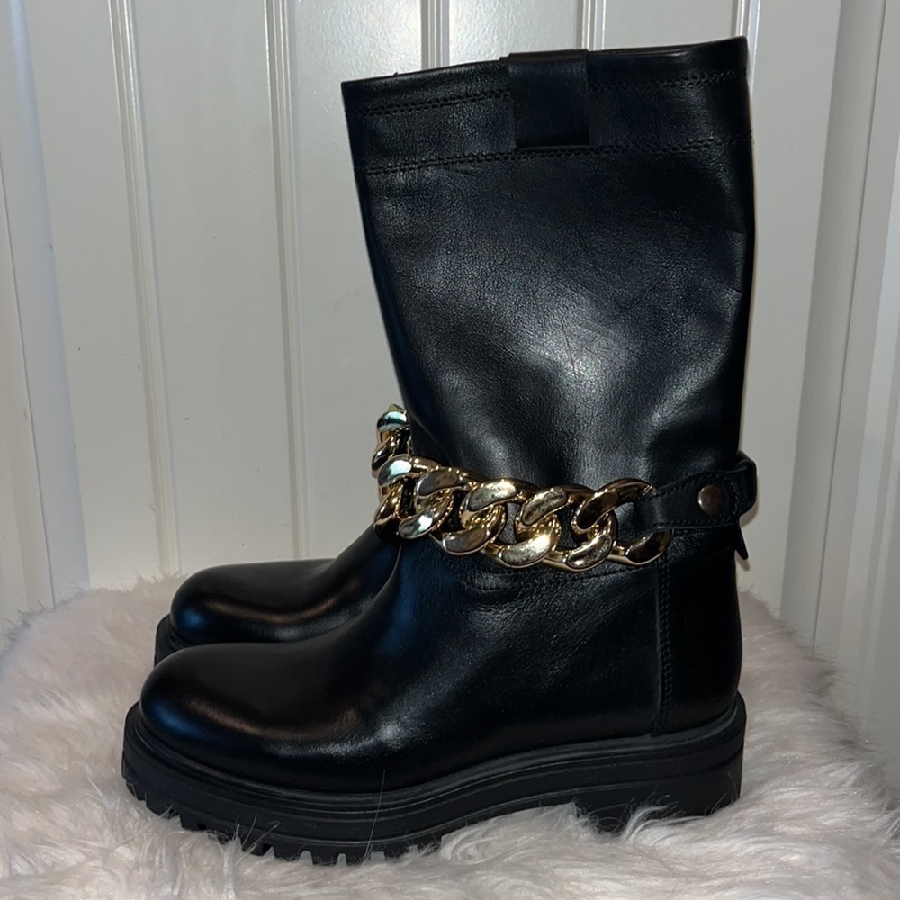 Steve Madden Devotion Boot chunky black leather moto combat gold chain sz 8 new